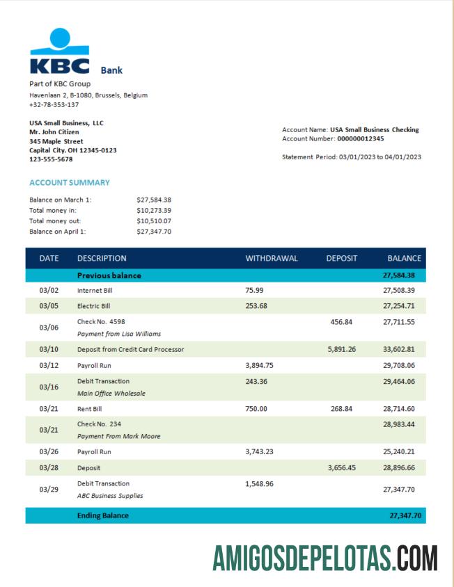 Baixável KBC Bank Extrato de conta corporativa modelo Word e PDF